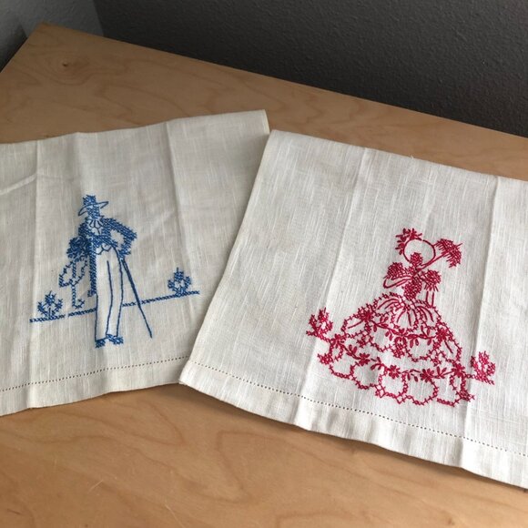 Pair Vintage Embroidered Cross Stitch Linen Tea Hand Towels - Gone with the Wind - Picture 1 of 6